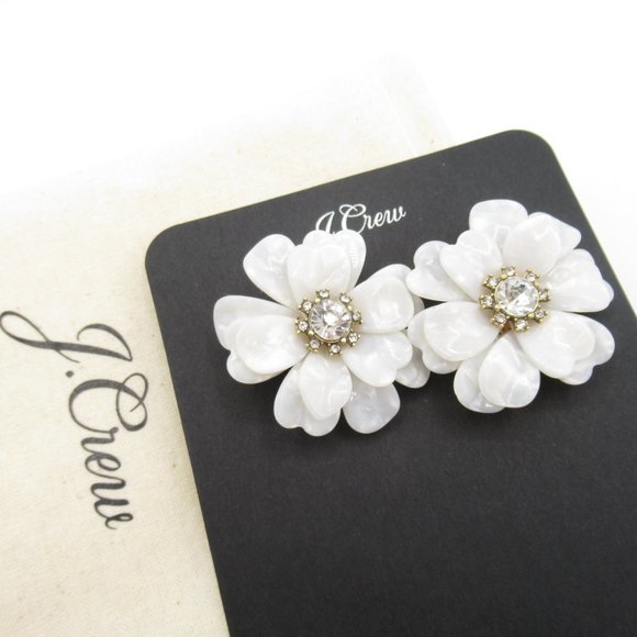 J Crew Full Bloom Floral Resin & Crystal Statement Earrings - White - Picture 4 of 7
